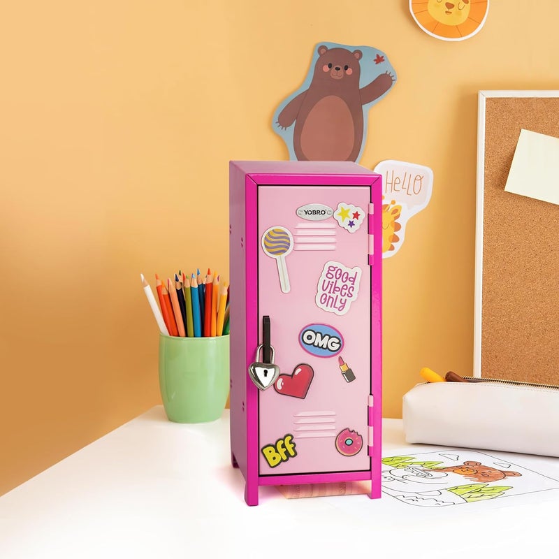 YOBRO Mini Locker with Lock and 2 Keys, 24PCS Magnetic Stickers, Miniature Storage Locker for Desk, Home, Bedroom, Office, Pink&Rose - Image 2